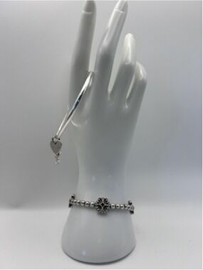 Bracelet Set Silver Tone Bangle Beaded Love Charm Rhinestone 8 In Jewelry